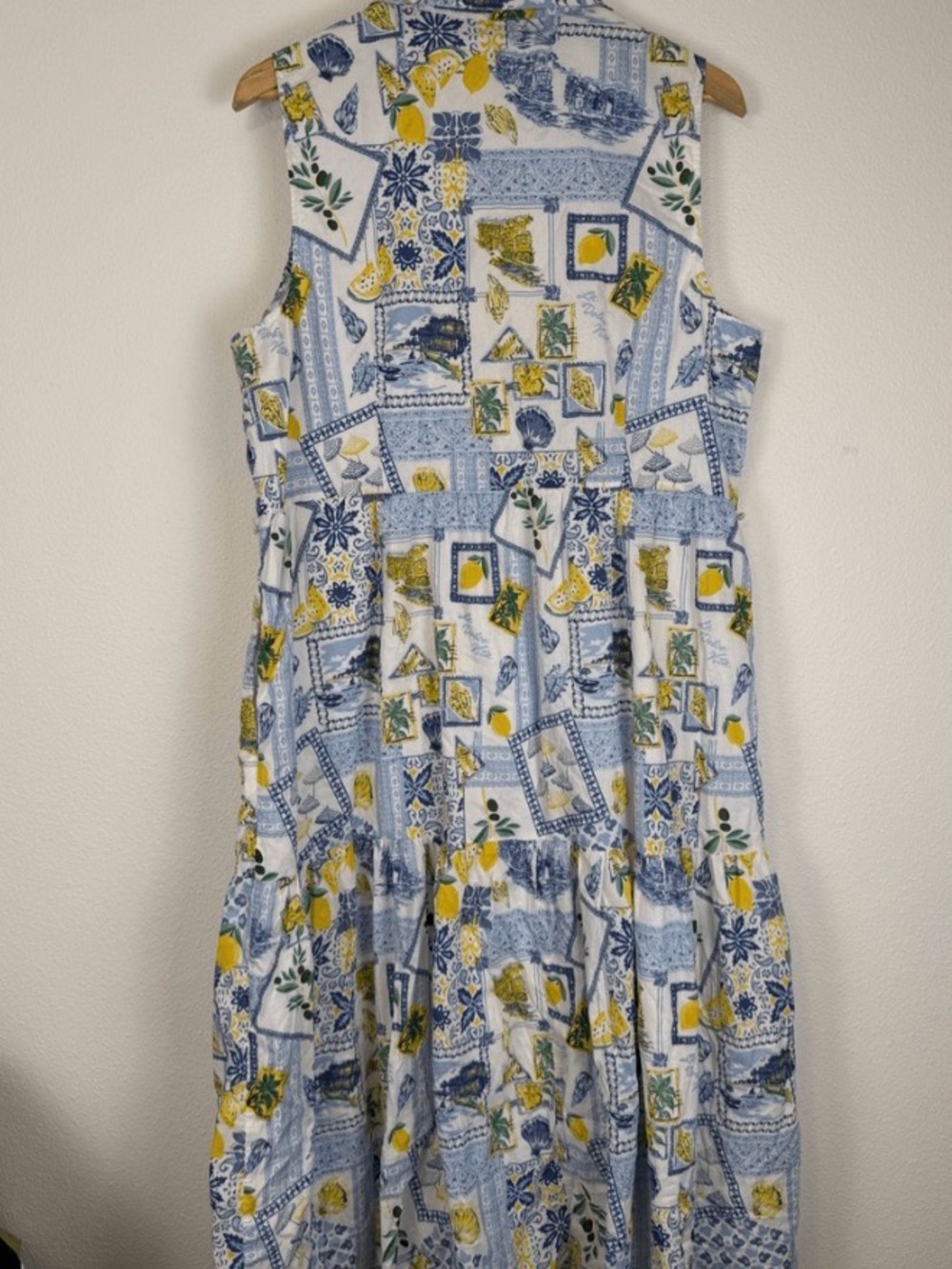 J. Crew Blue & Yellow Printed Collared Maxi Dress with tile and lemon detail. - Picture 3 of 6